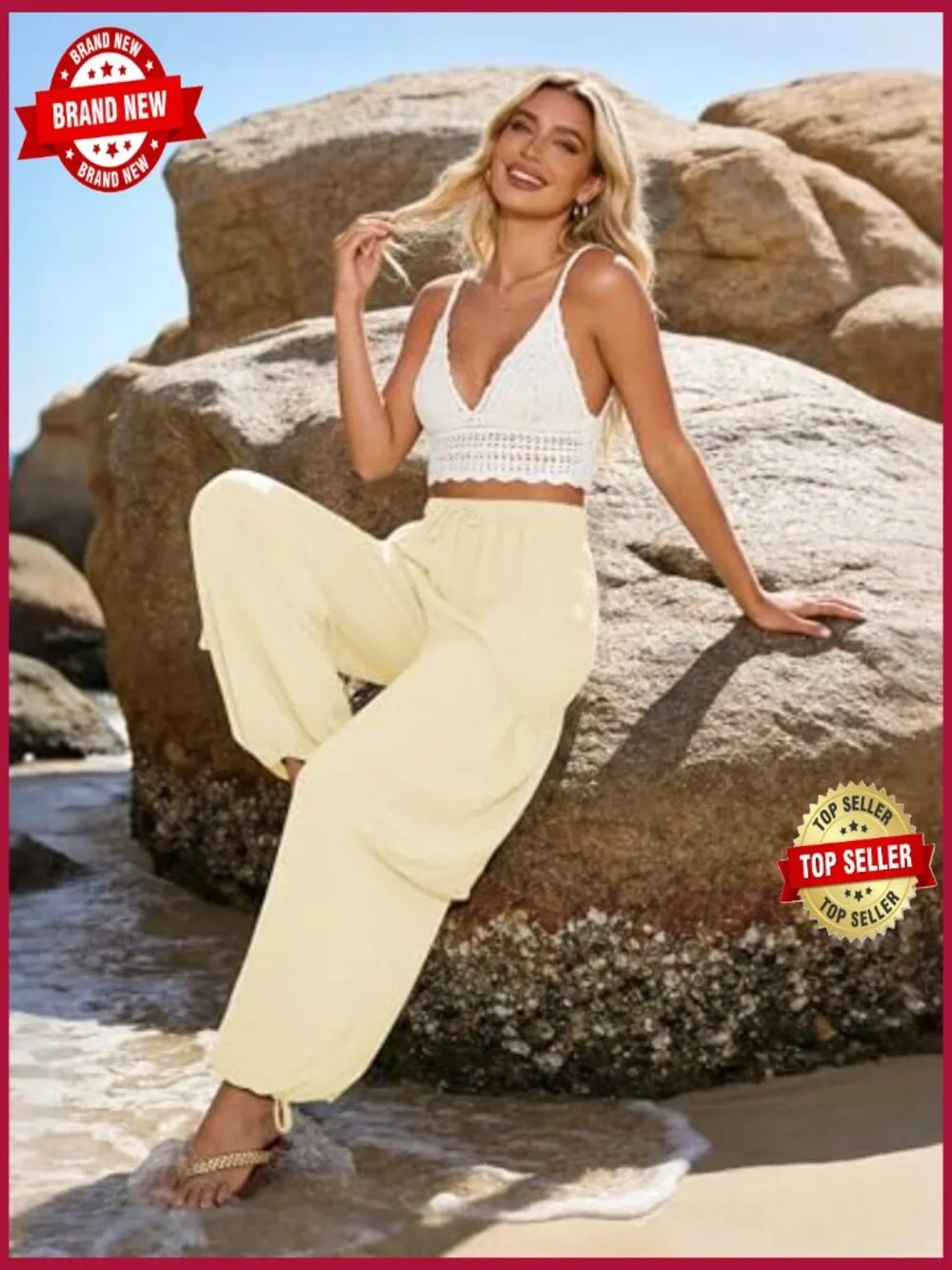 Drawstring Harem Pants with Pockets Boho Baggy Gauze Palazzo Summer Travel - Picture 2 of 7